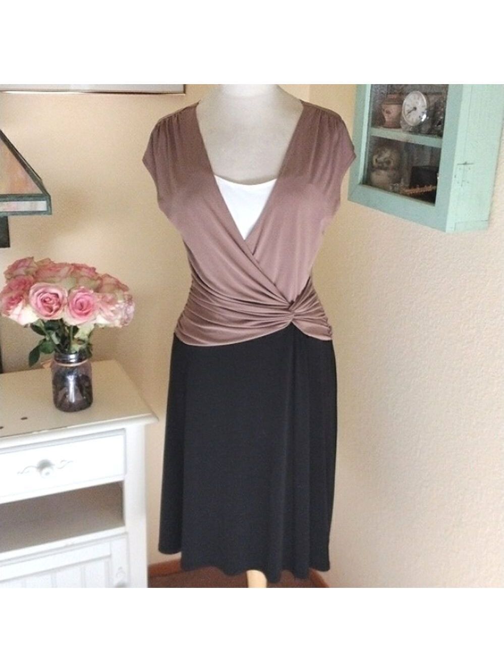 NorthStyle Two-Tone Brown and Black Faux-Wrap Dress